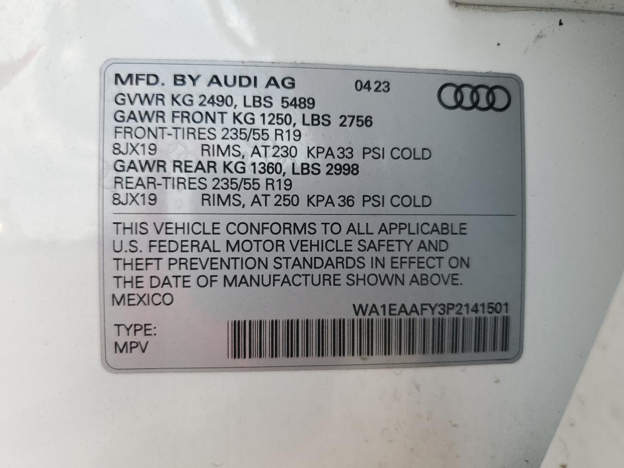 2023 AUDI Q5 PREMIUM PLUS 45 VIN:WA1EAAFY3P2141501