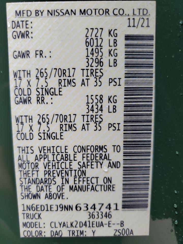 2022 NISSAN FRONTIER S VIN:1N6ED1EJ9NN634741