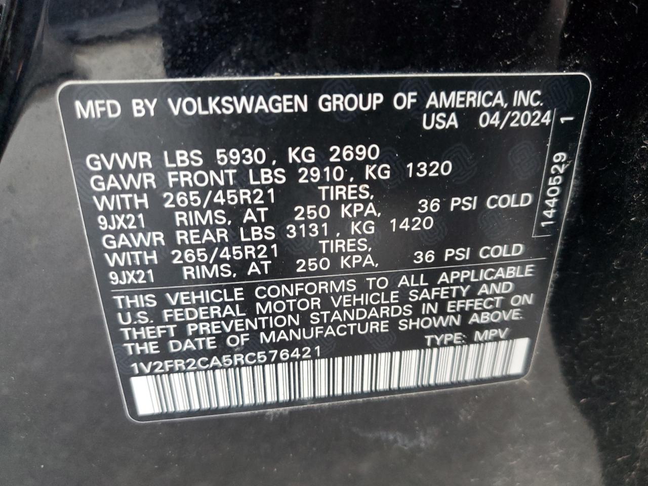 2024 VOLKSWAGEN ATLAS SEL PREMIUM R-LINE VIN:1V2FR2CA5RC576421