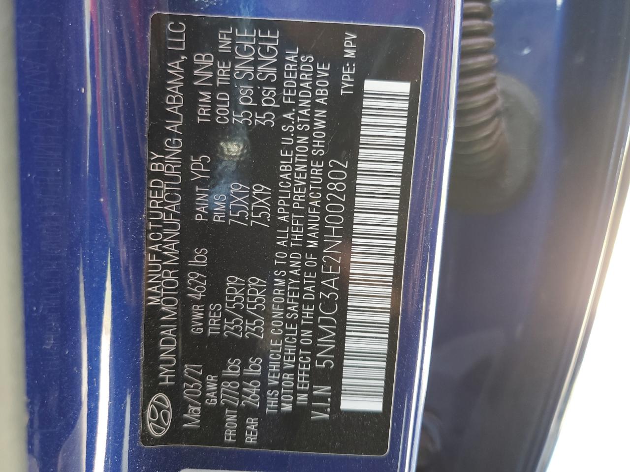 2022 HYUNDAI TUCSON SEL VIN:5NMJC3AE2NH002802