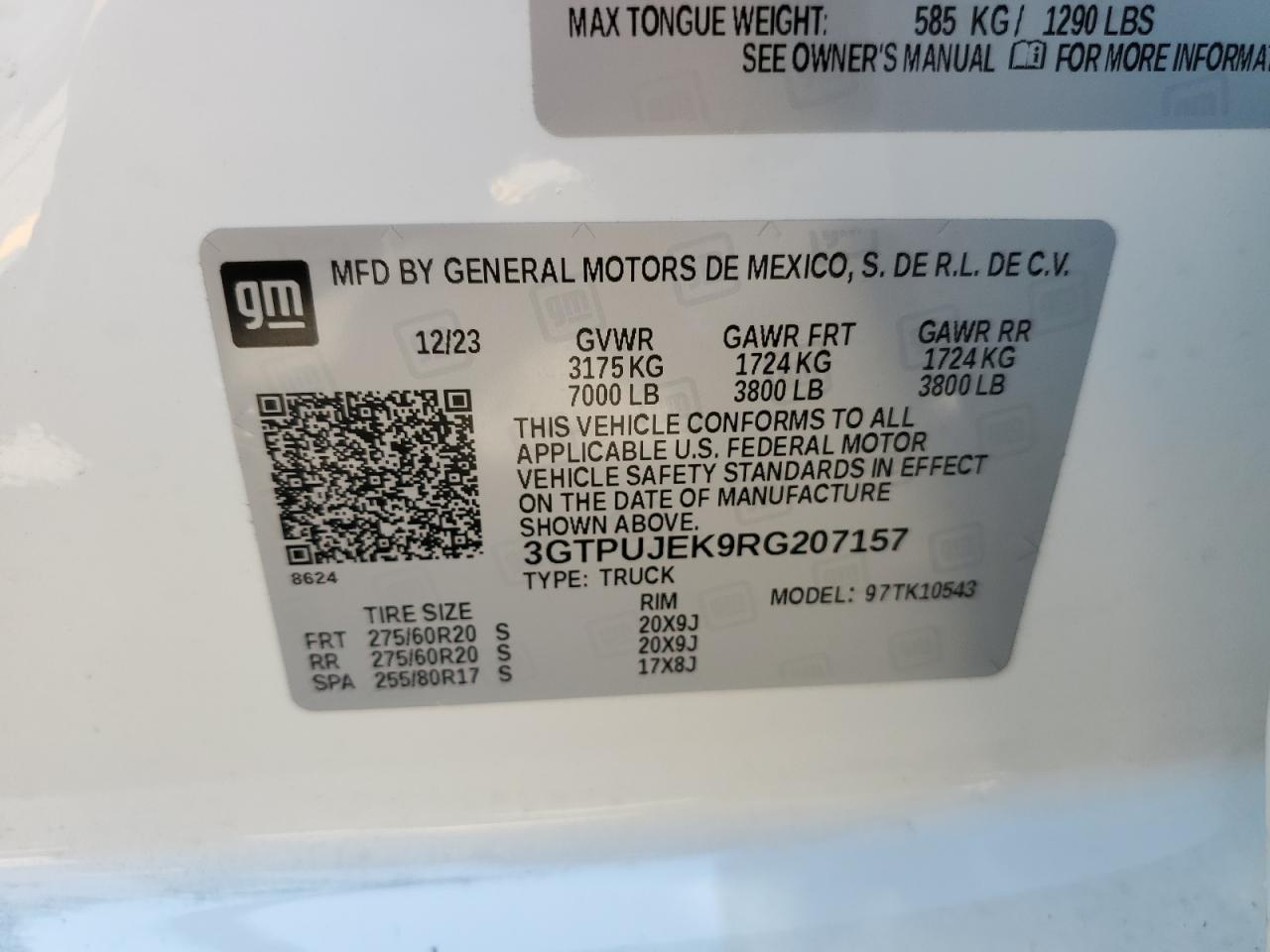 2024 GMC SIERRA K1500 ELEVATION-L VIN:3GTPUJEK9RG207157