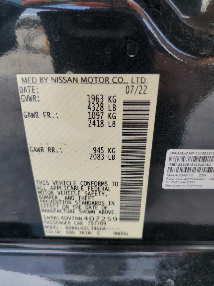 2022 NISSAN ALTIMA SV VIN:1N4BL4DV7NN407259