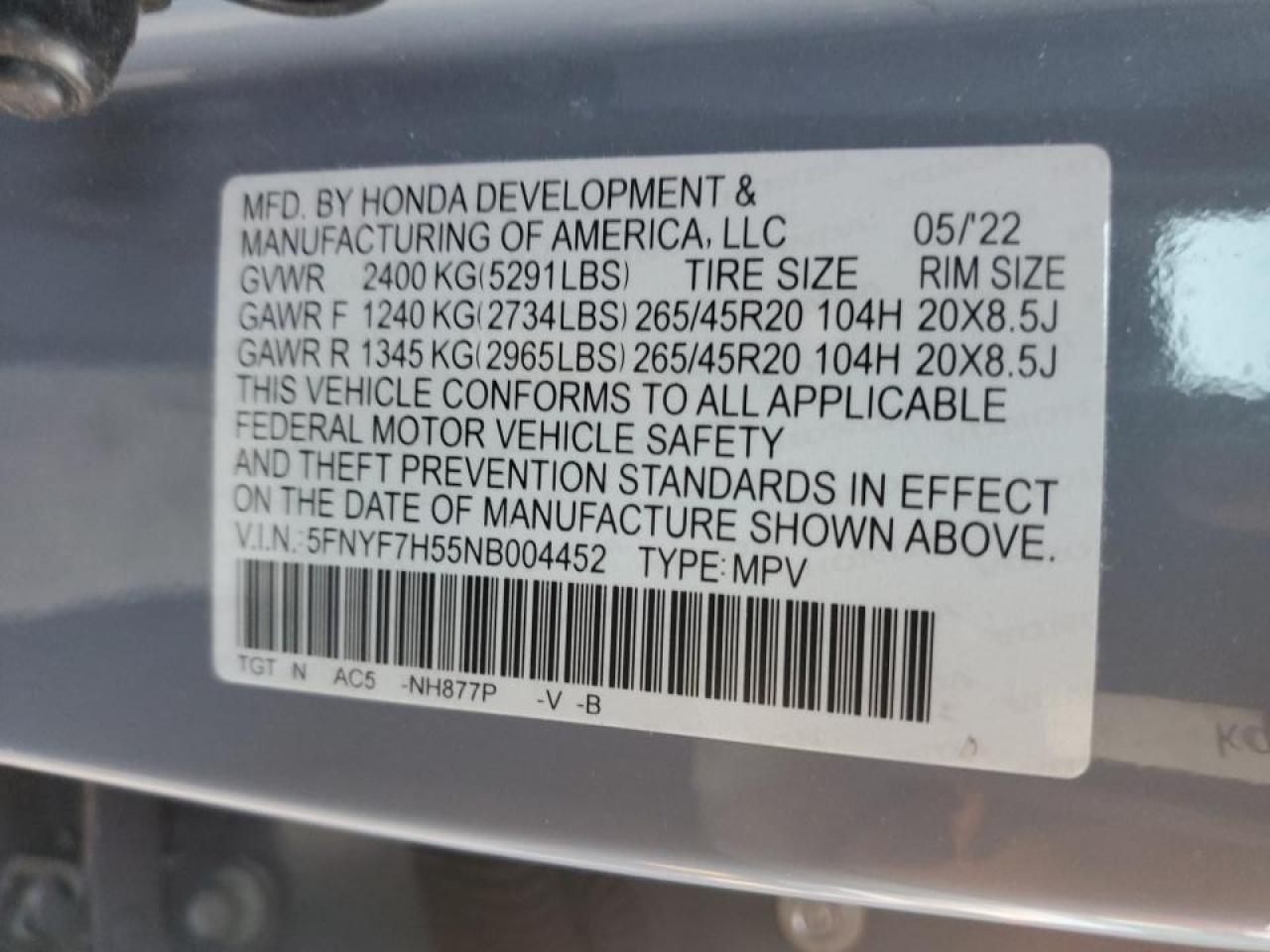 2022 HONDA PASSPORT EXL VIN:5FNYF7H55NB004452