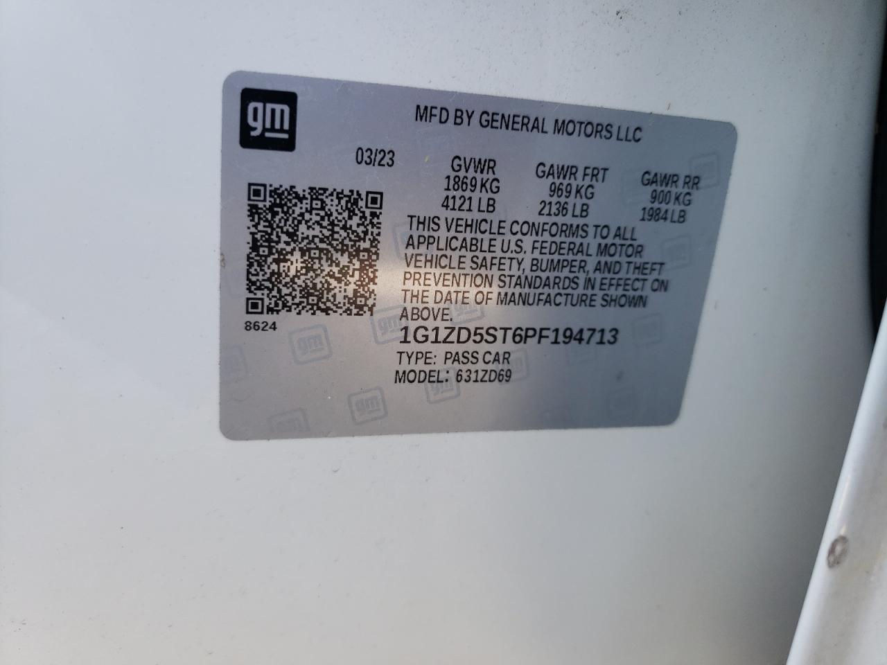 2023 CHEVROLET MALIBU LT VIN:1G1ZD5ST6PF194713