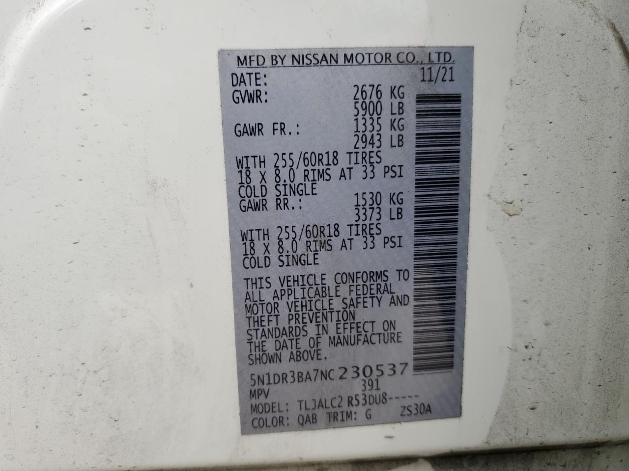 2022 NISSAN PATHFINDER SV VIN:5N1DR3BA7NC230537