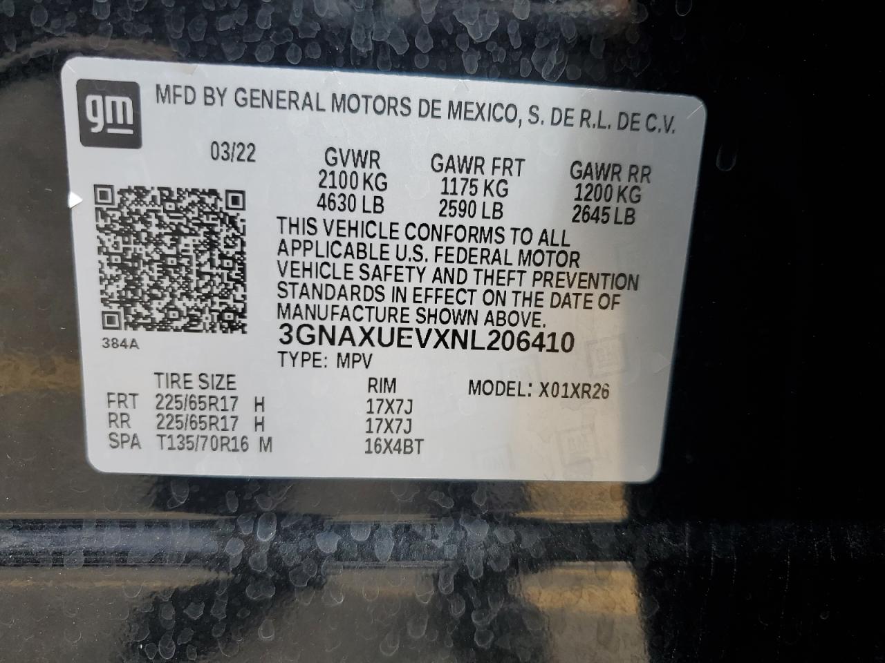 2022 CHEVROLET EQUINOX LT VIN:3GNAXUEVXNL206410