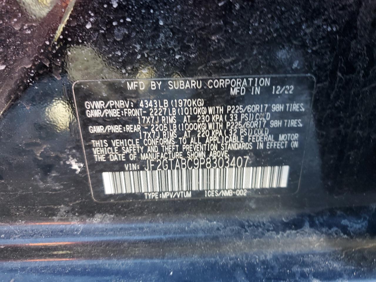 2023 SUBARU CROSSTREK  VIN:JF2GTABC9P8303407