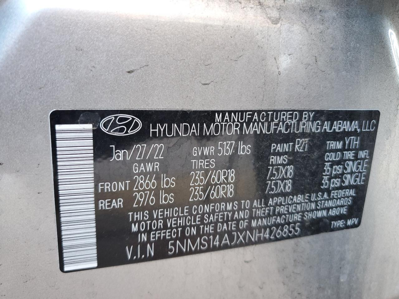 2022 HYUNDAI SANTA FE SE VIN:5NMS14AJXNH426855