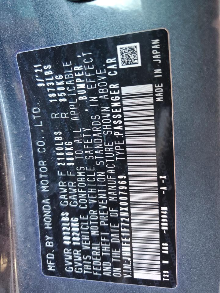 2022 HONDA CIVIC EX VIN:JHMFE1F72NX007969