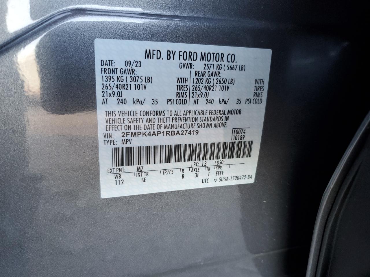2024 FORD EDGE ST VIN:2FMPK4AP1RBA27419