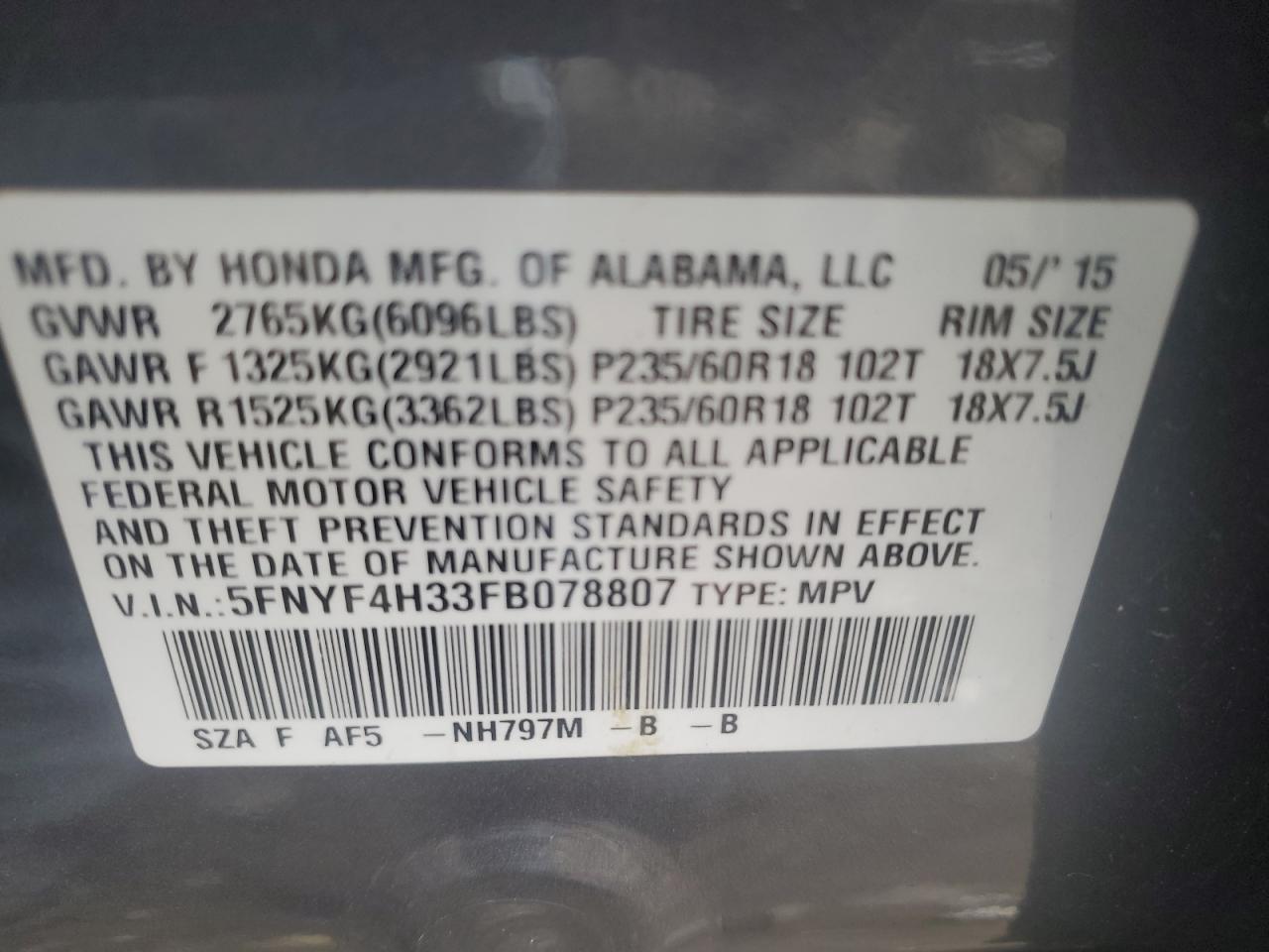 2023 HONDA PILOT SE VIN:5FNYF4H33FB078807