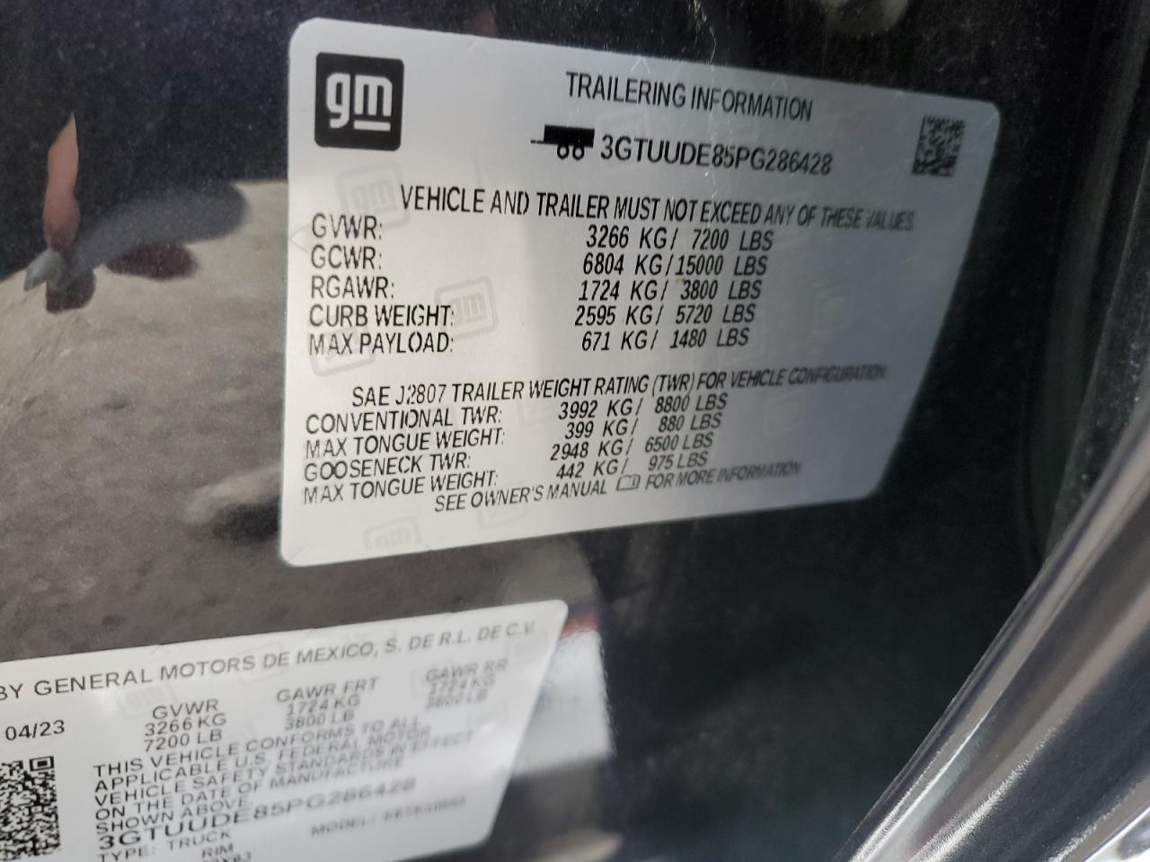 2023 GMC SIERRA K1500 SLT VIN:3GTUUDE85PG286428