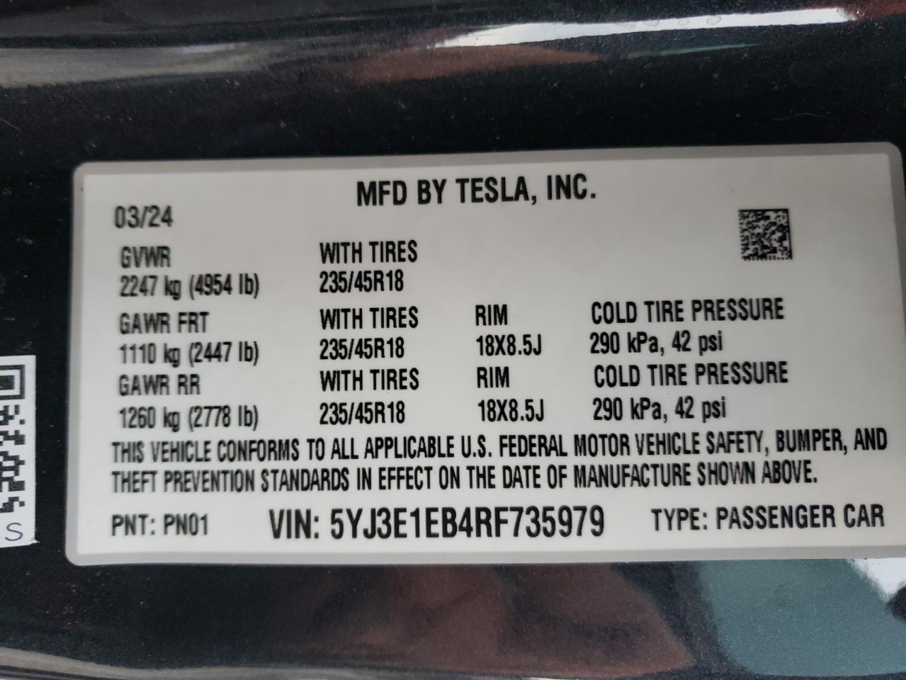 2024 TESLA MODEL 3  VIN:5YJ3E1EB4RF735979