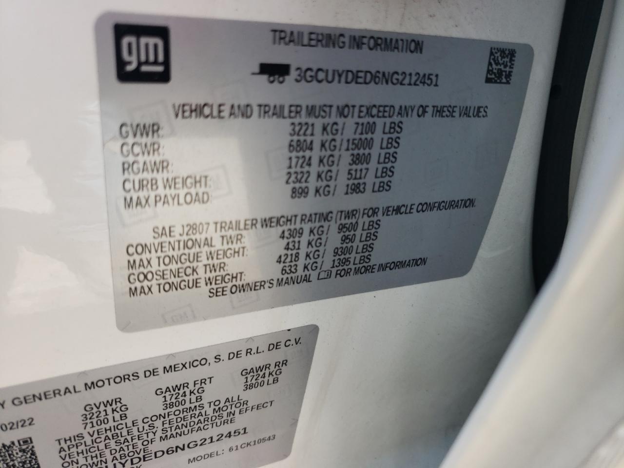 2022 CHEVROLET SILVERADO LTD K1500 LT VIN:3GCUYDED6NG212451