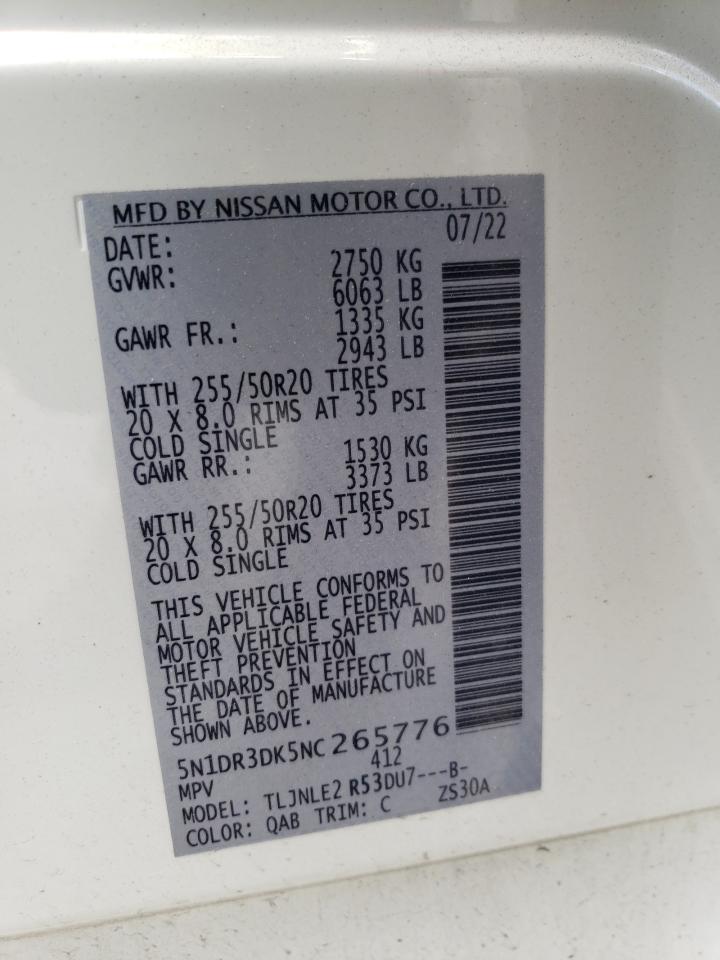 2022 NISSAN PATHFINDER PLATINUM VIN:5N1DR3DK5NC265776