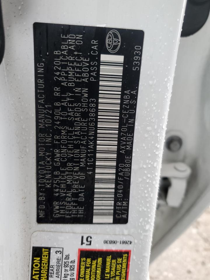 2022 TOYOTA CAMRY LE VIN:4T1C11AK4NU638683