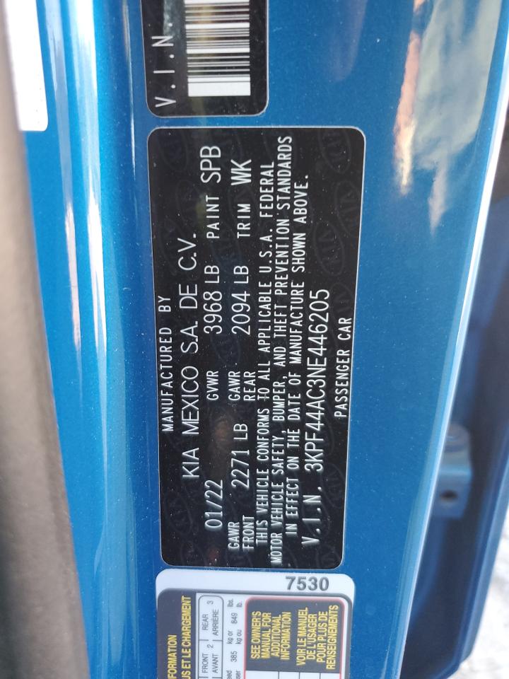 2022 KIA FORTE GT VIN:3KPF44AC3NE446205