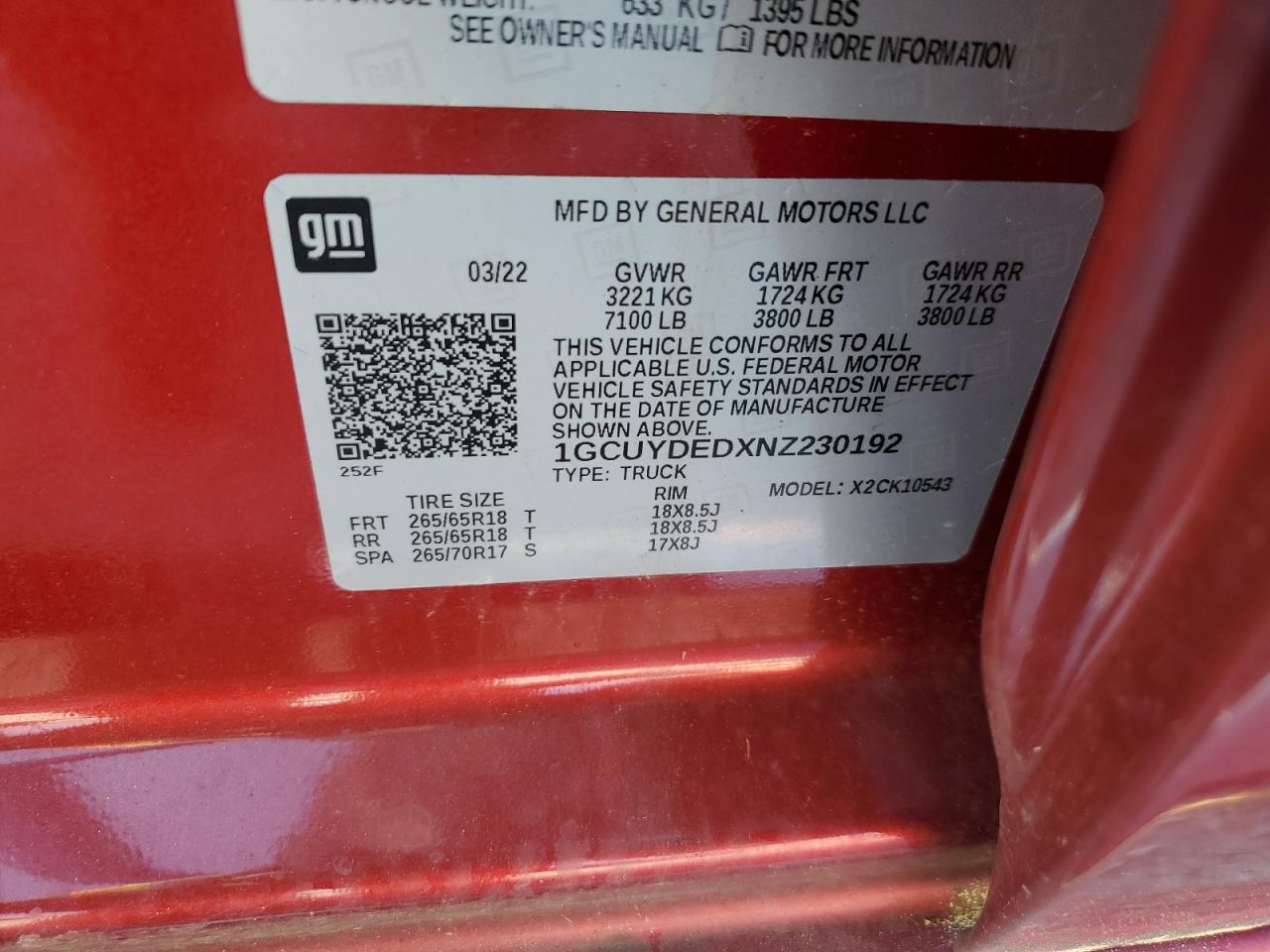 2022 CHEVROLET SILVERADO LTD K1500 LT VIN:1GCUYDEDXNZ230192