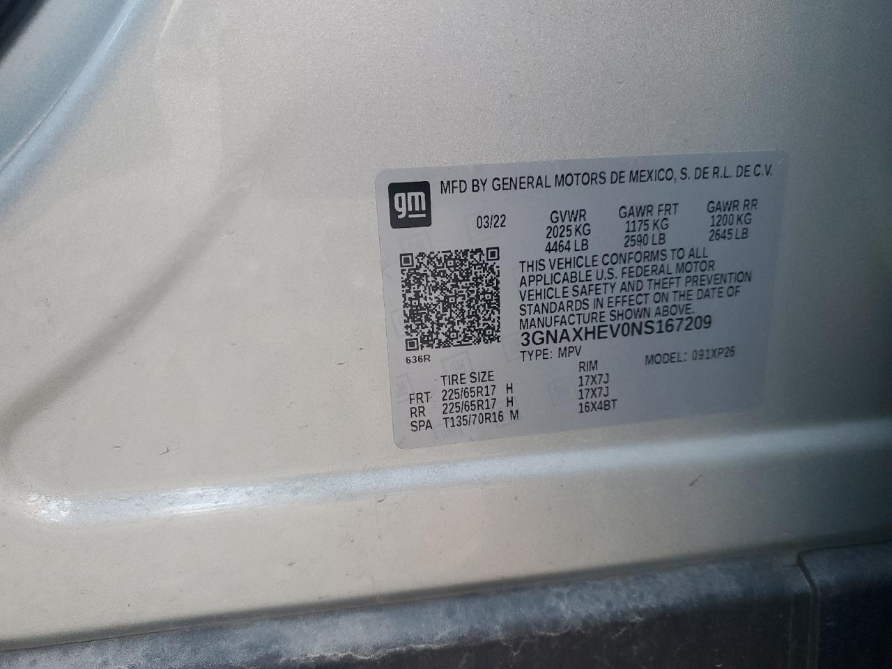 2022 CHEVROLET EQUINOX LS VIN:3GNAXHEV0NS167209