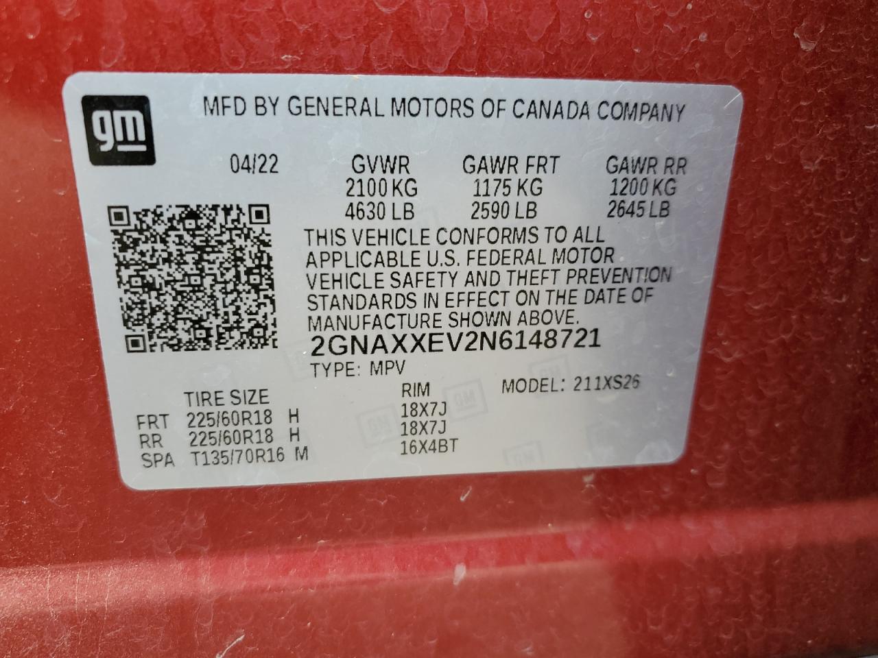 2022 CHEVROLET EQUINOX PREMIER VIN:2GNAXXEV2N6148721