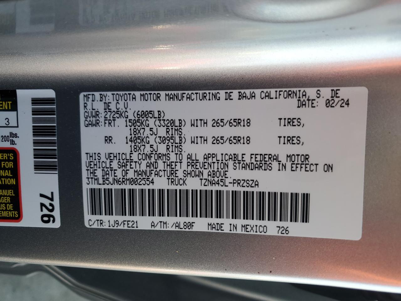 2024 TOYOTA TACOMA DOUBLE CAB VIN:3TMLB5JN6RM002554