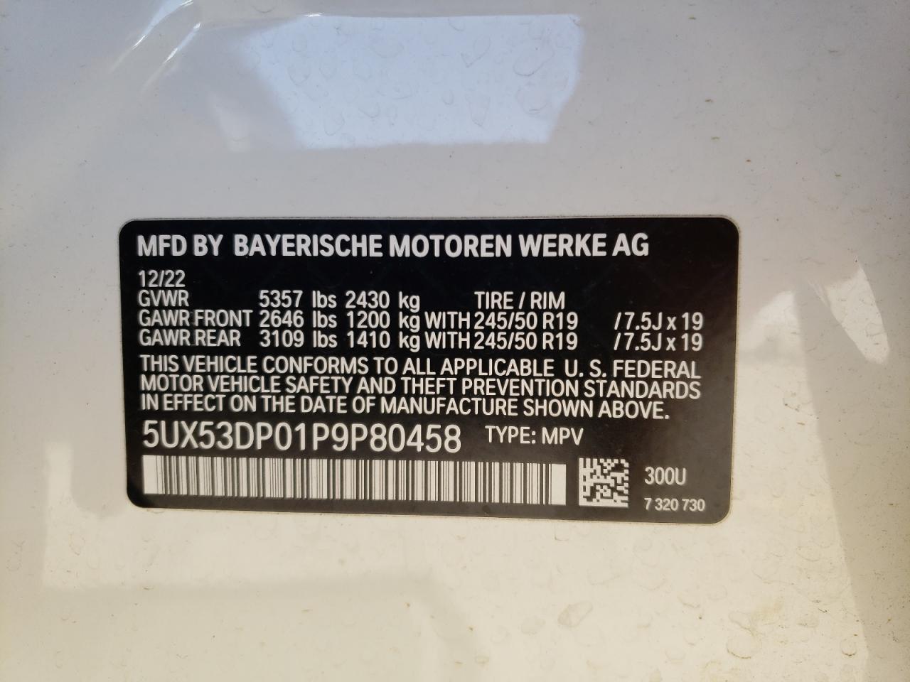 2023 BMW X3 XDRIVE30I VIN:5UX53DP01P9P80458