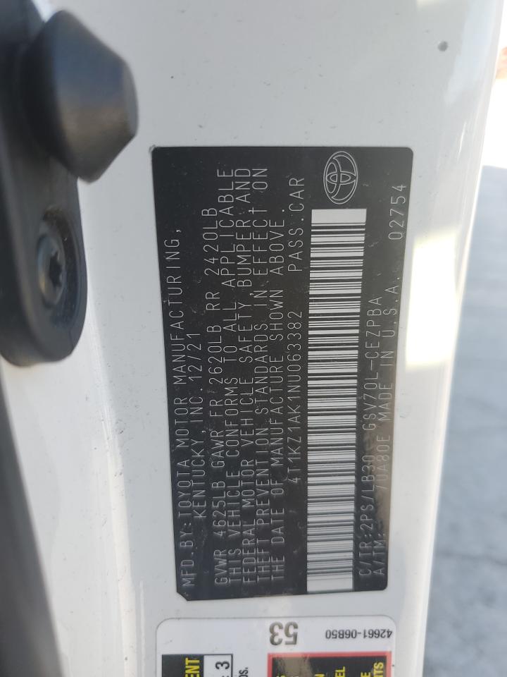 2022 TOYOTA CAMRY TRD VIN:4T1KZ1AK1NU063382