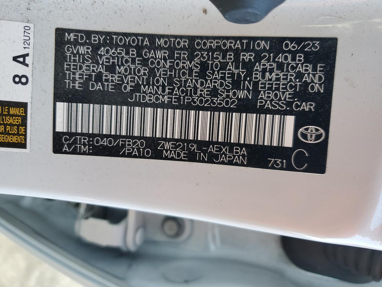 2023 TOYOTA COROLLA LE VIN:JTDBCMFE1P3023502