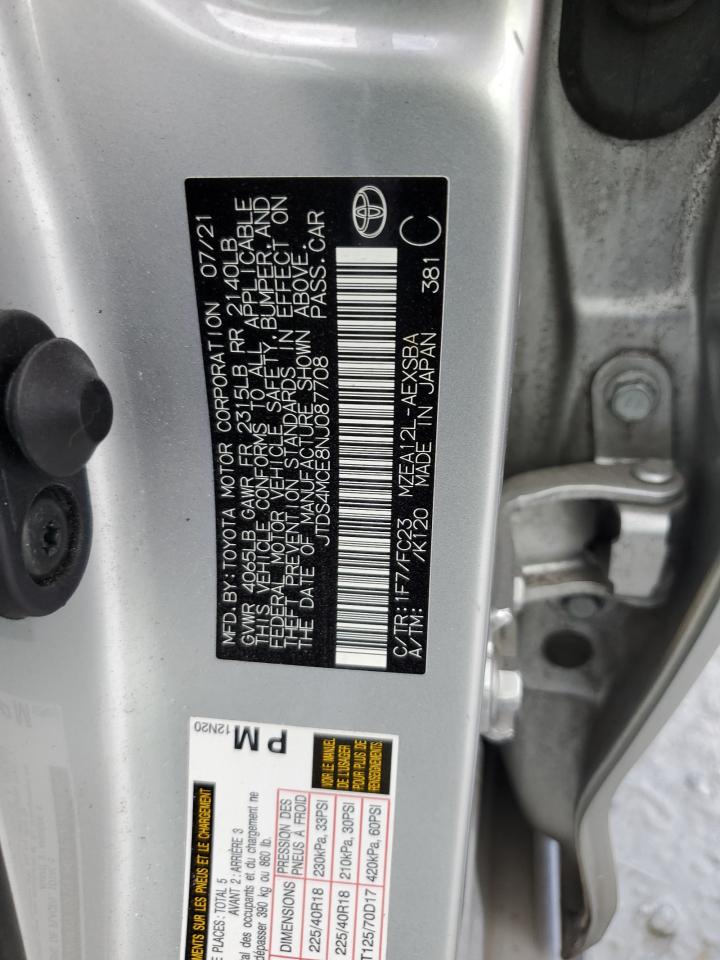 2022 TOYOTA COROLLA SE VIN:JTDS4MCE8NJ087708