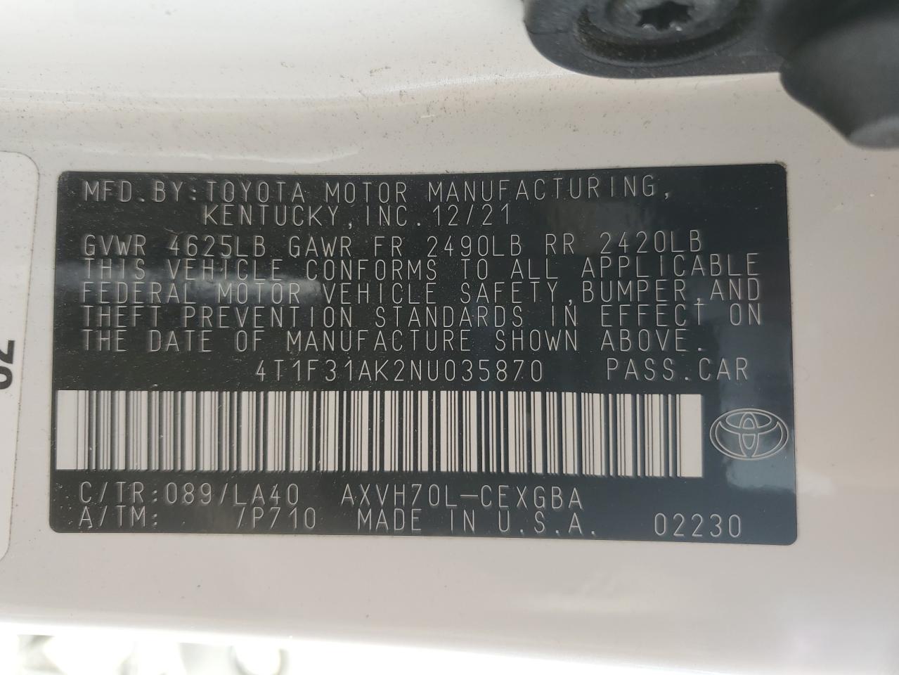2022 TOYOTA CAMRY XLE VIN:4T1F31AK2NU035870