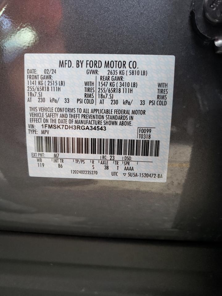 2024 FORD EXPLORER XLT VIN:1FMSK7DH3RGA34543