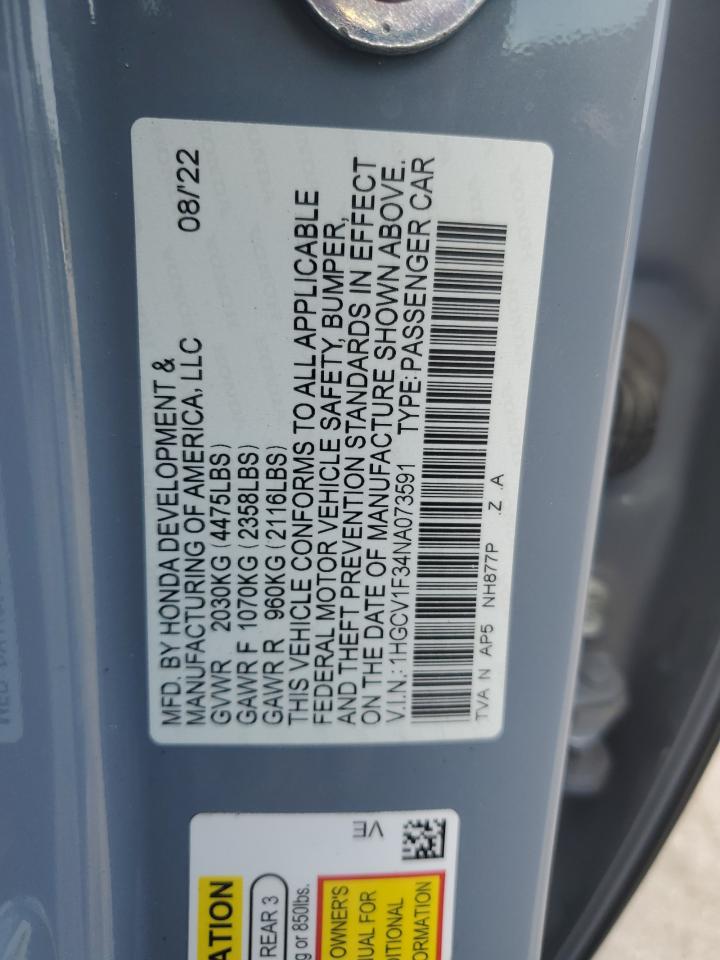 2022 HONDA ACCORD SPORT VIN:1HGCV1F34NA073591