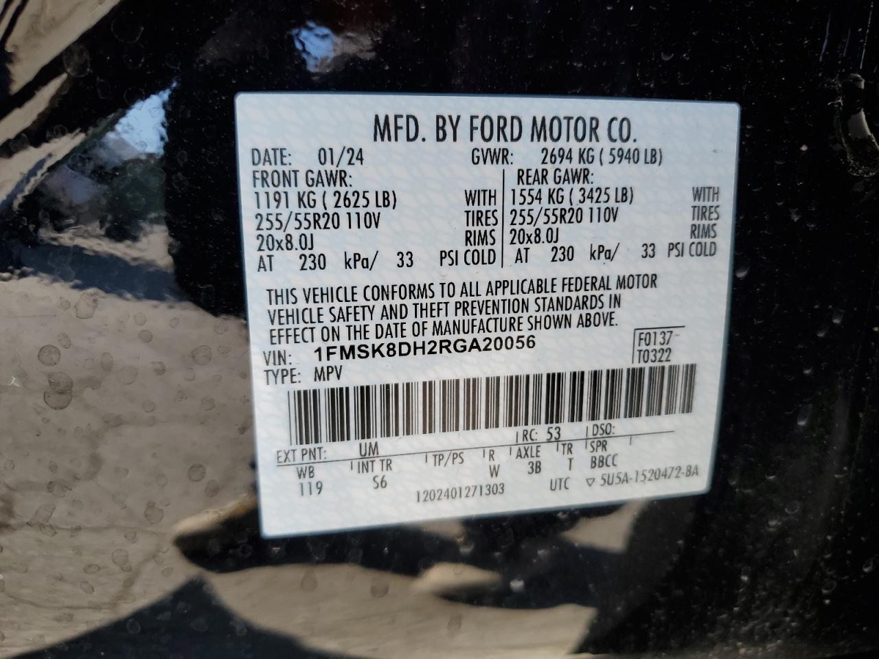 2024 FORD EXPLORER XLT VIN:1FMSK8DH2RGA20056