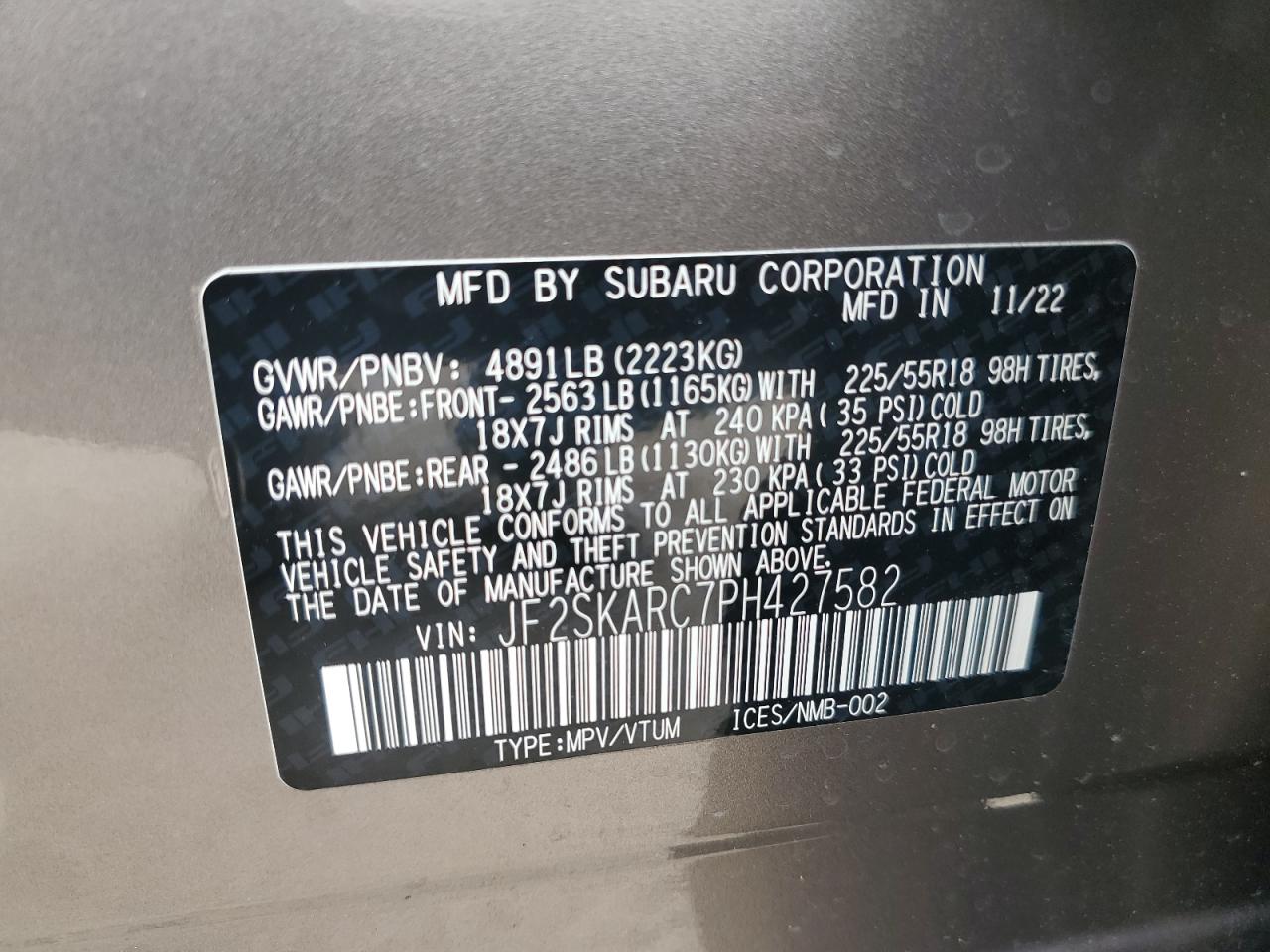 2023 SUBARU FORESTER TOURING VIN:JF2SKARC7PH427582