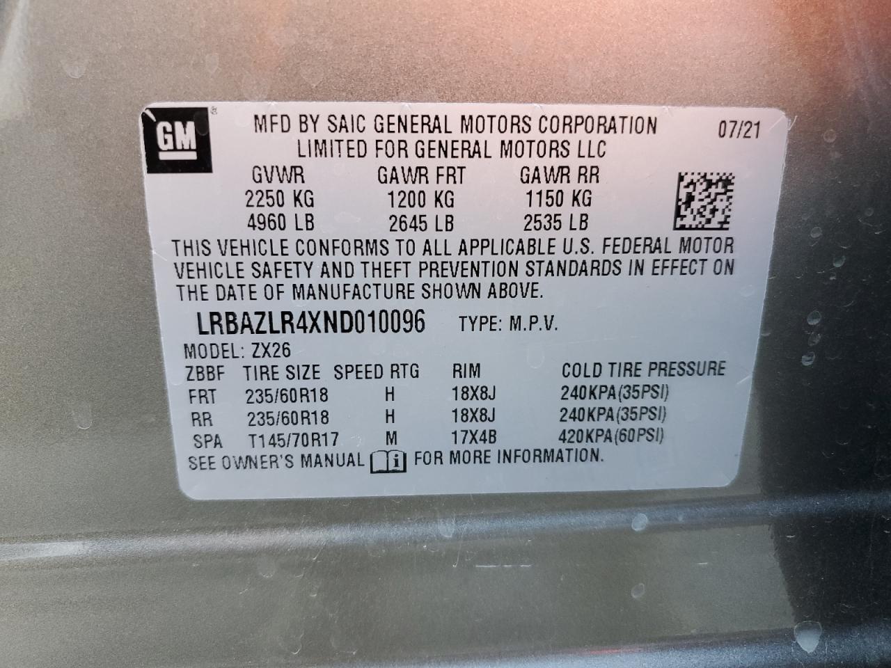 2022 BUICK ENVISION PREFERRED VIN:LRBAZLR4XND010096