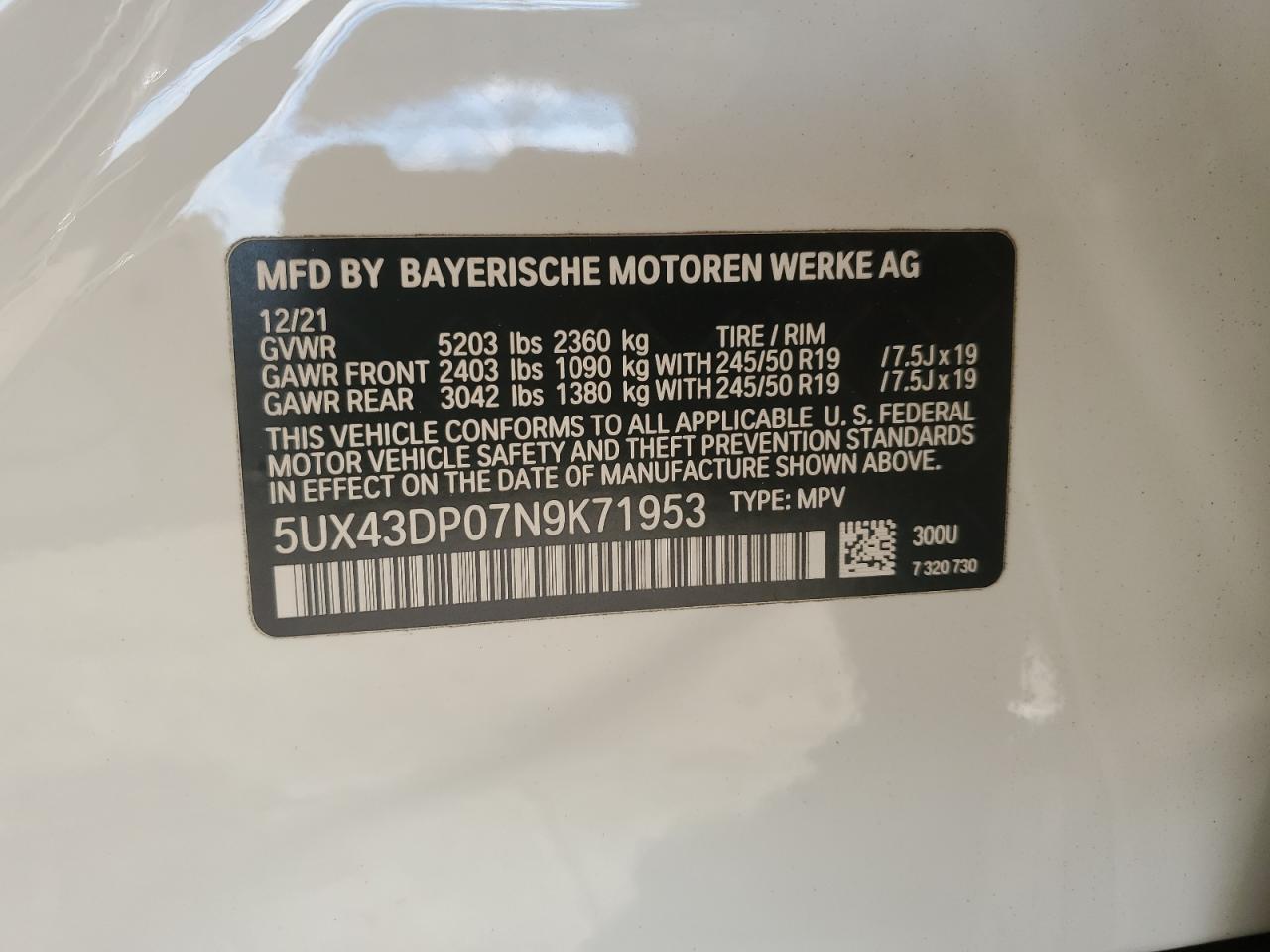 2022 BMW X3 SDRIVE30I VIN:5UX43DP07N9K71953