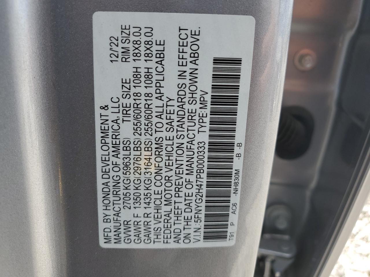 2023 HONDA PILOT EXL VIN:5FNYG2H47PB000333