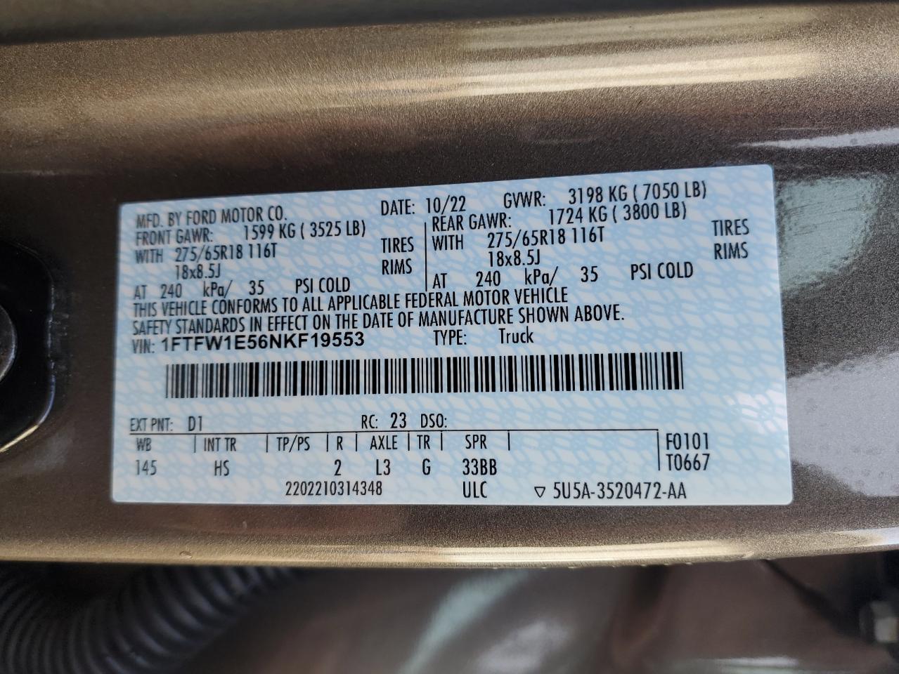 2022 FORD F150 SUPERCREW VIN:1FTFW1E56NKF19553