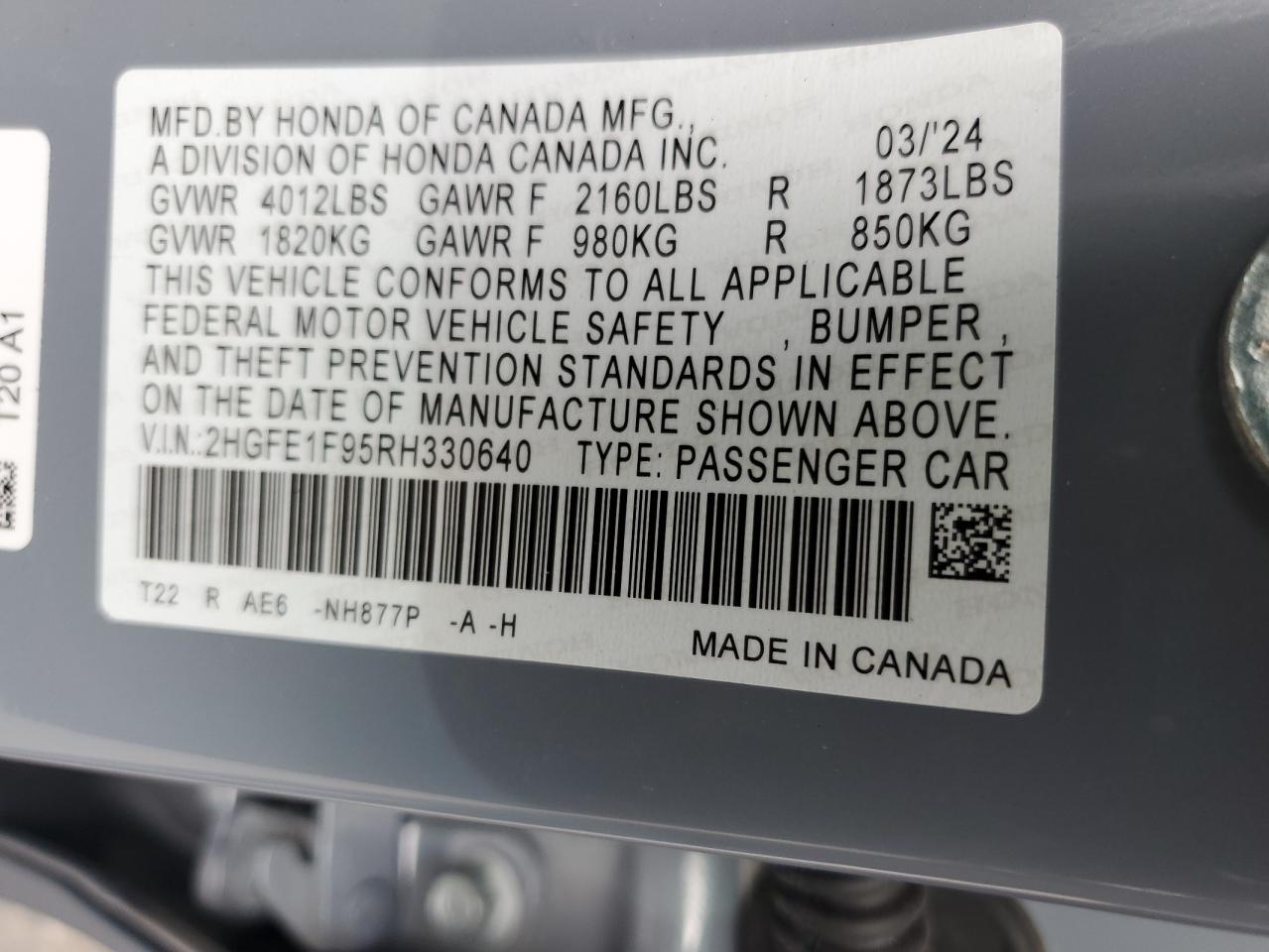 2024 HONDA CIVIC TOURING VIN:2HGFE1F95RH330640