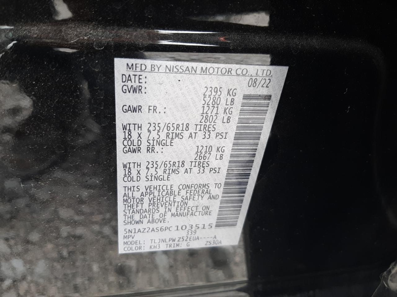 2023 NISSAN MURANO S VIN:5N1AZ2AS6PC103515