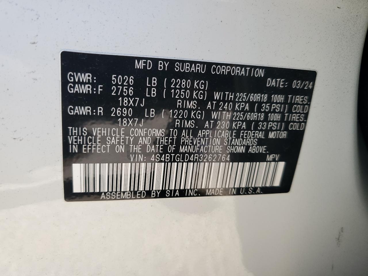 2024 SUBARU OUTBACK ONYX EDITION XT VIN:4S4BTGLD4R3262764