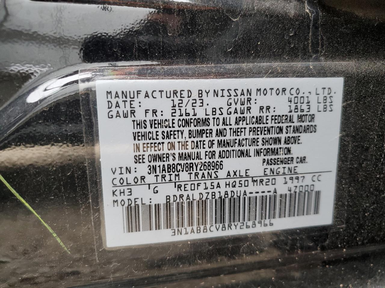 2024 NISSAN SENTRA SV VIN:3N1AB8CV8RY268966