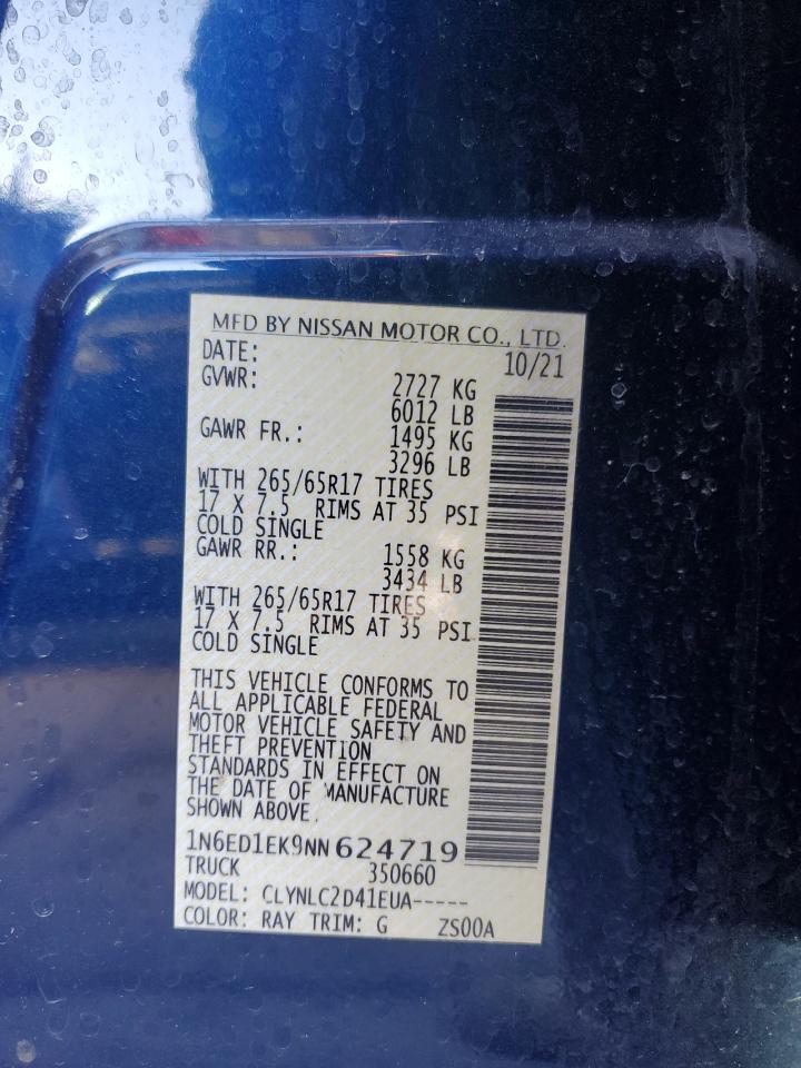 2022 NISSAN FRONTIER S VIN:1N6ED1EK9NN624719