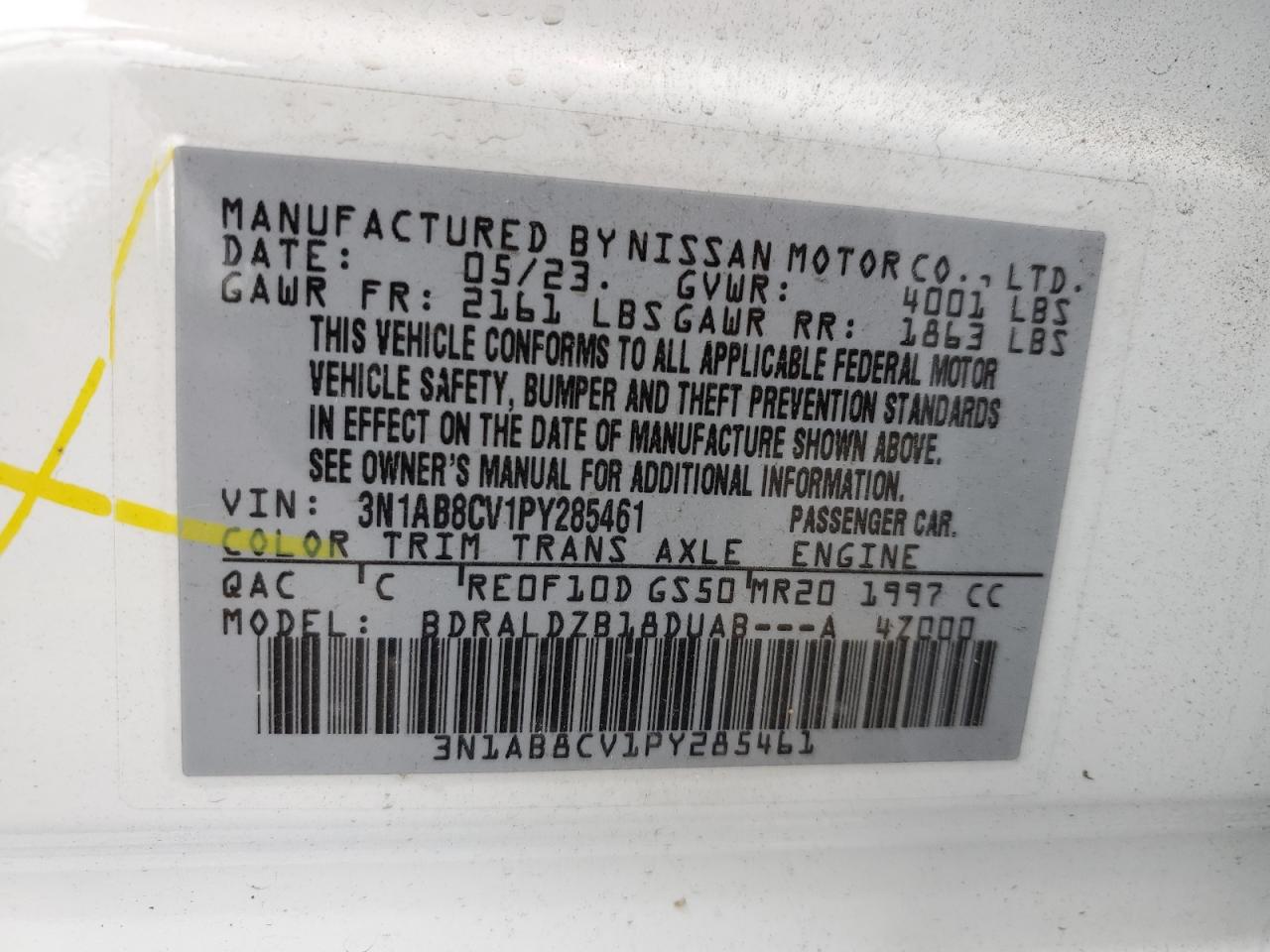 2023 NISSAN SENTRA SV VIN:3N1AB8CV1PY285461
