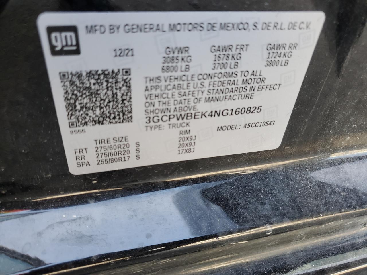 2022 CHEVROLET SILVERADO LTD C1500 CUSTOM VIN:3GCPWBEK4NG160825