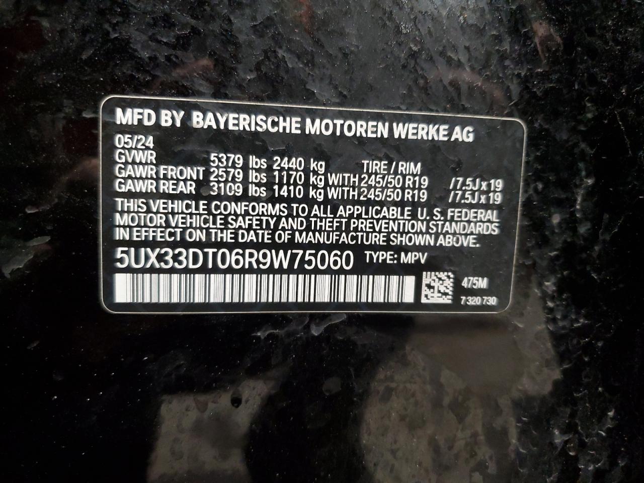 2024 BMW X4 XDRIVE30I VIN:5UX33DT06R9W75060