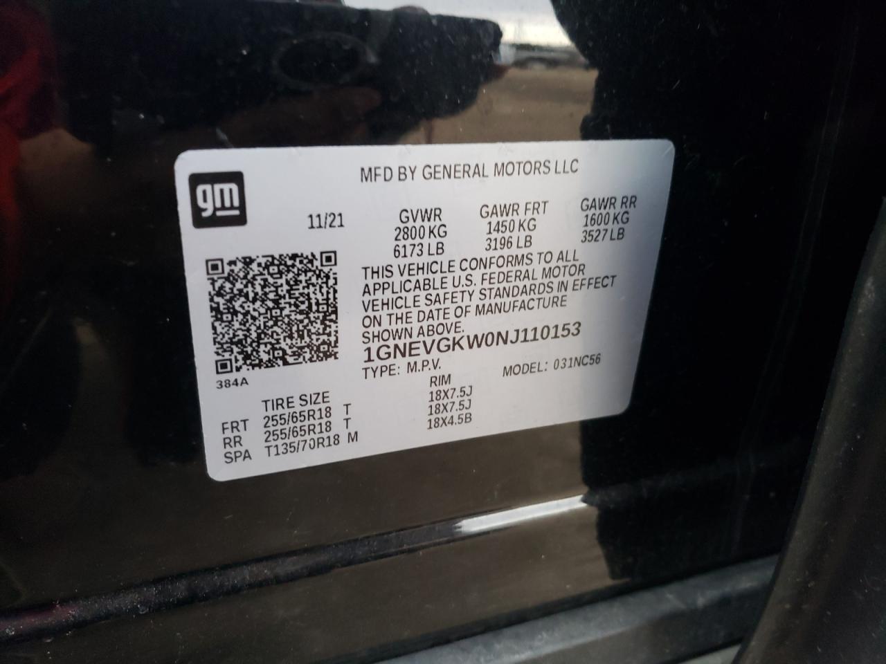 2022 CHEVROLET TRAVERSE LT VIN:1GNEVGKW0NJ110153