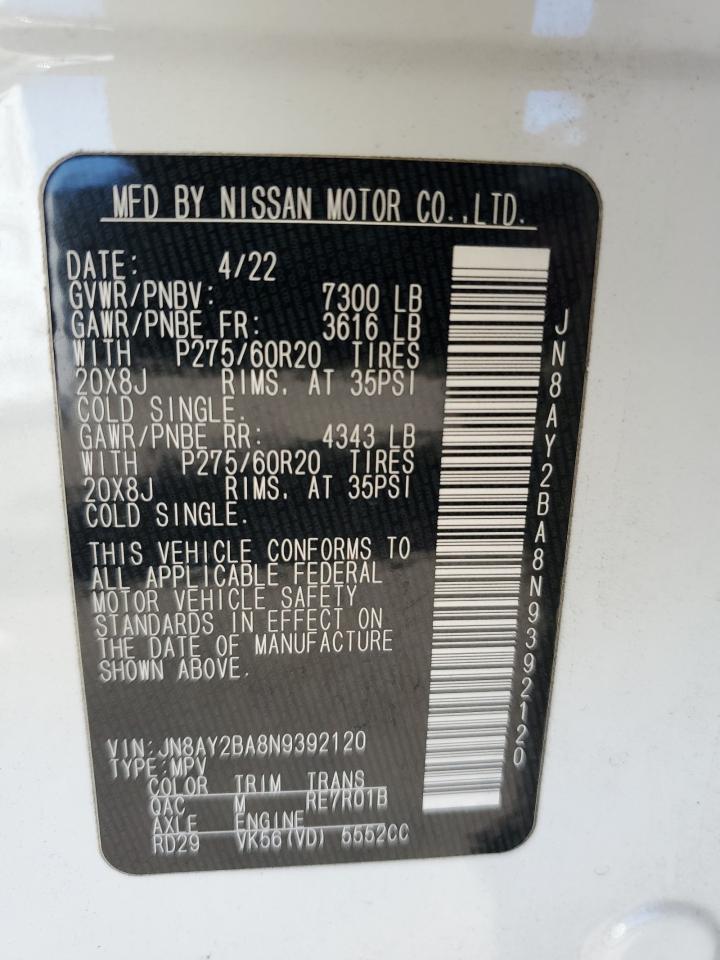 2022 NISSAN ARMADA SL VIN:JN8AY2BA8N9392120
