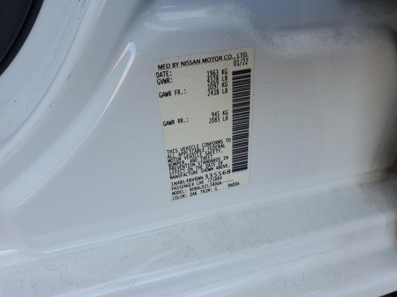 2022 NISSAN ALTIMA S VIN:1N4BL4BV6NN335568