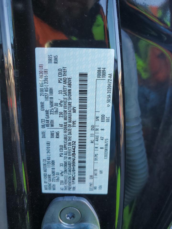 2022 FORD ESCAPE SEL VIN:1FMCU9H99NUB44232